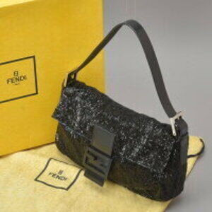 FENDI Beaded Mamma Bucket Handbag Black Leather Shoulder Bag Embroidery Rare